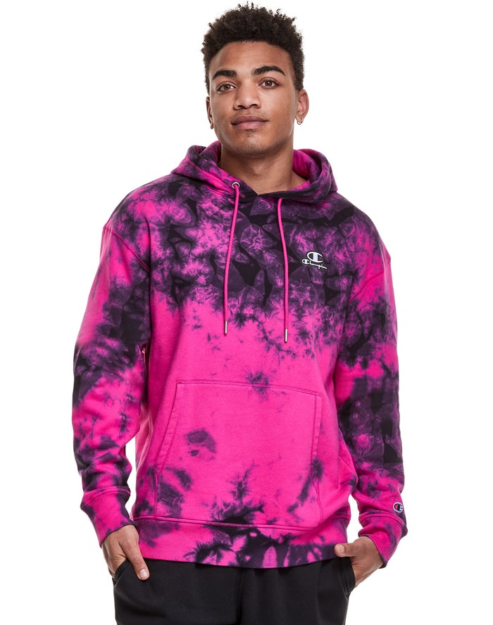 Champion Galaxy Dye Embroidered C & Script Applique Erkek Kapşonlu Sweatshirt Pembe/Siyah ( HQUTRE78